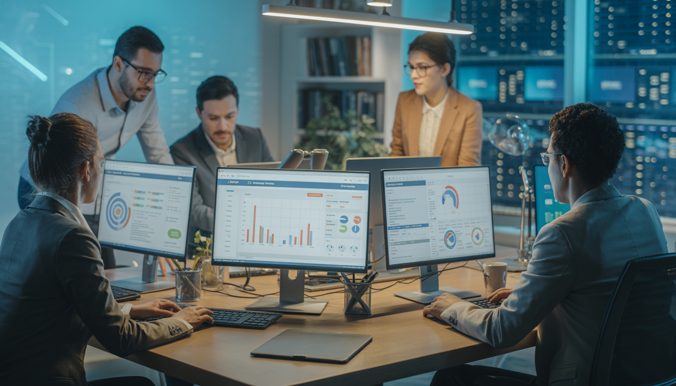 A digital marketing agency office in Houston with a diverse team working on PPC strategy, featuring computer screens with data reports.