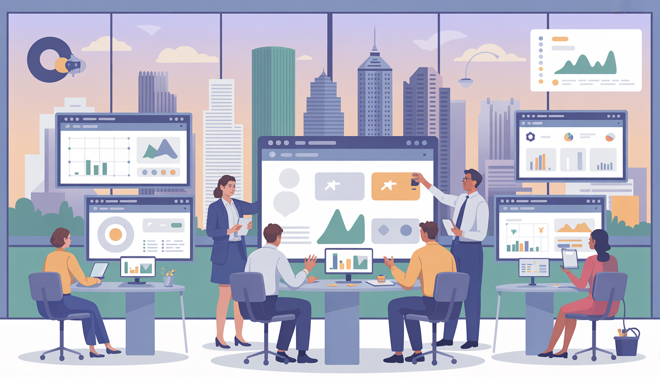 A diverse team working on web design in an office with views of Houston's buildings, featuring digital tools and data reports.