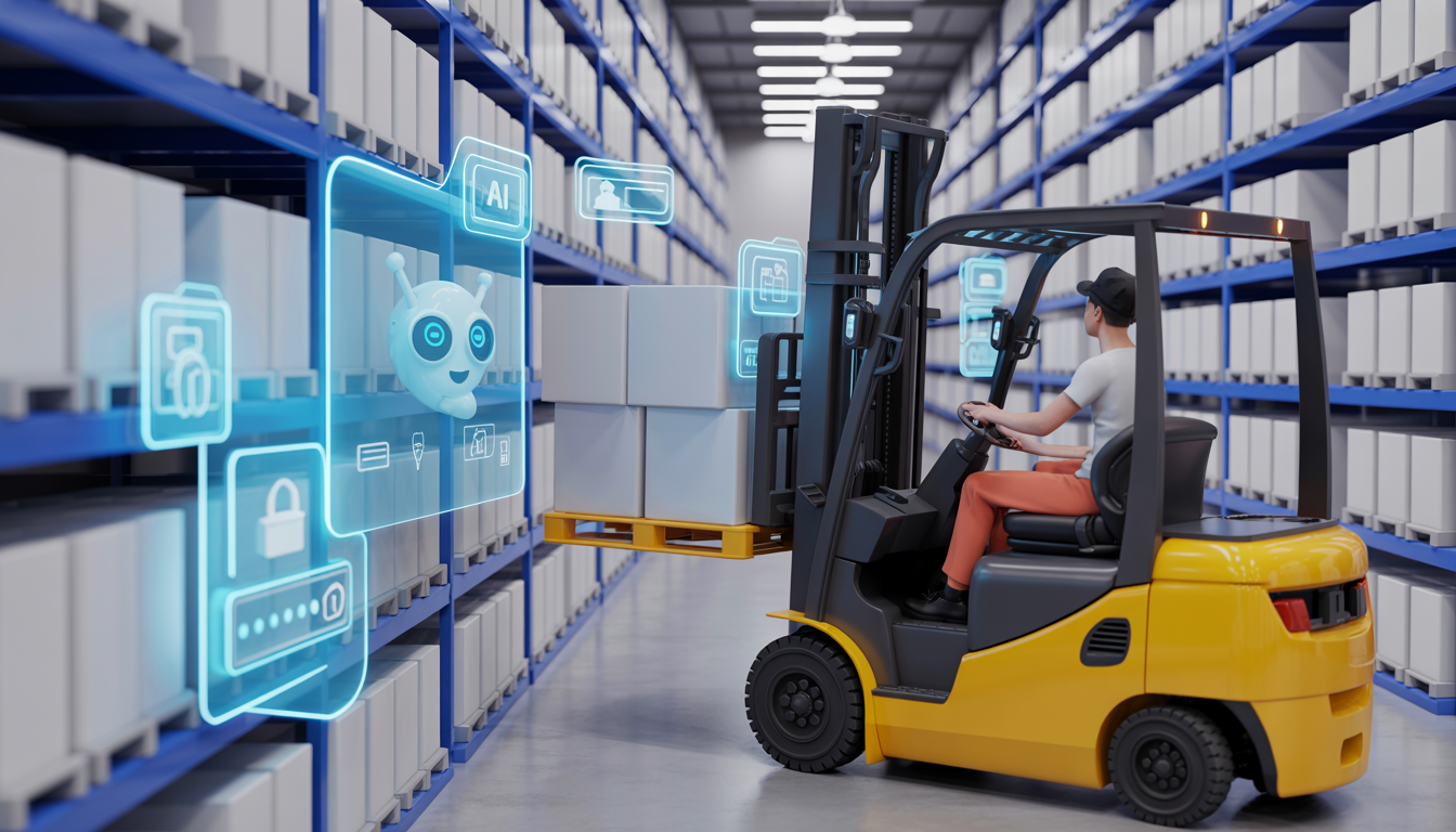 A modern ecommerce warehouse with a person driving a forklift picking up a package, surrounded by digital screens showing AI chatbots and secure transaction icons, alongside shelves of products.